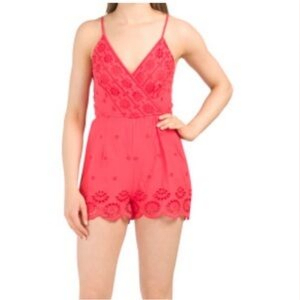 Japna Red Cotton Eyelet Romper, Smocked Back, Wrap V-Neckline, Size Medium, EUC!